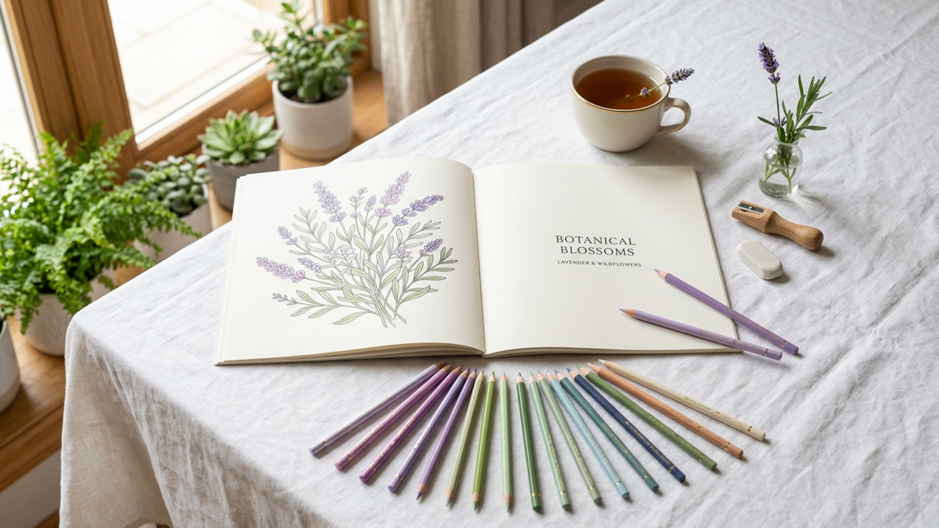 Hand-drawn coloring page with florals and botanicals